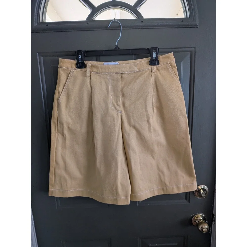 NWT Carmen Says Desk Pale Yellow Denim Bermuda Shorts Cotton Pleated Medium